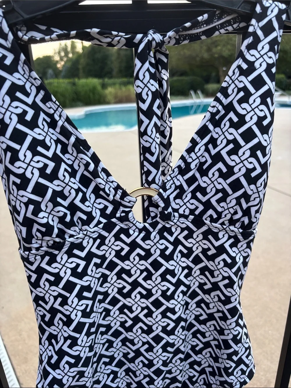 Chain  Black & White Chain-Print One-Piece Swimsuit Gold Ring at Bust